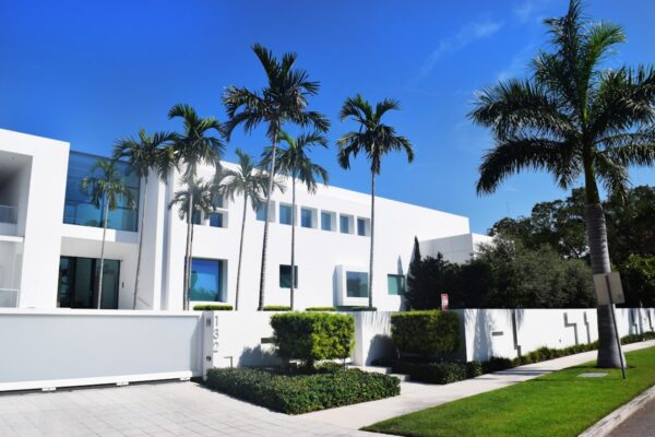 Clean white South Florida home exterior with tropical palm trees