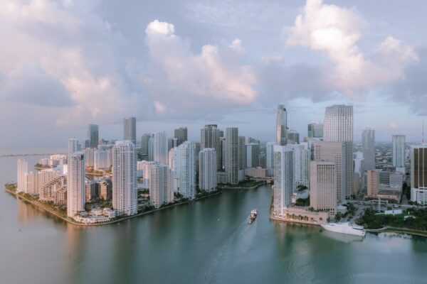 Aerial view of Miami waterfront residential community and bay